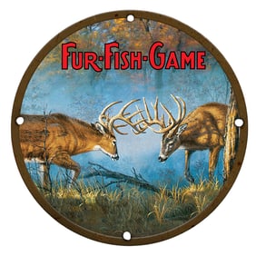 Majestic Encounter: Fur-Fish-Game Porcelain Sign with Iconic Deer Imagery