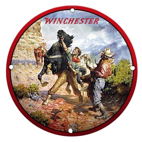Vivid Porcelain Sign Featuring Classic Winchester Cowboy Imagery