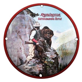 Adventurous Scene Porcelain Sign Featuring Remington Autoloading Rifle