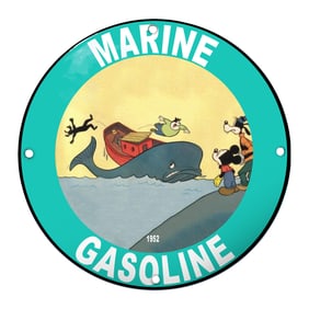 Whimsical Marine Gasoline Sign Featuring Classic Cartoon Characters ? 1952 Delight