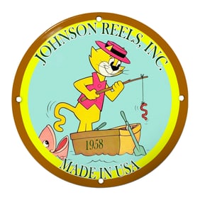 Charming Johnson Reels Porcelain Sign Featuring a Cartoon Cat Fishing in 1958