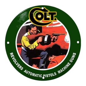 Vivid Colt Firearms Porcelain Sign Featuring a Dynamic Shooter