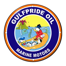 Gulfpride Oil Marine Motors Porcelain Sign Featuring Classic Disney Characters