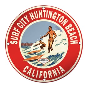 Surf City Huntington Beach Porcelain Sign: Capture the Waves of California