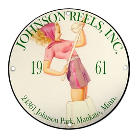 Johnson Reels, Inc. Collectible Porcelain Sign Featuring an Iconic Angler Design (1961)