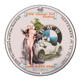 BMW Vintage Fall Festival Porcelain Sign Featuring Iconic Racing Imagery