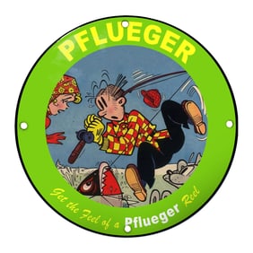 Colorful Pfleuger Fishing Sign Featuring Classic Cartoon Imagery