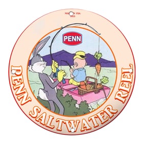 Delightful Penn Saltwater Reel Porcelain Sign Featuring Cartoon Fishing Scene