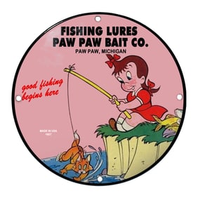 Charming 1957 'Good Fishing Begins Here' Paw Paw Bait Co. Porcelain Sign