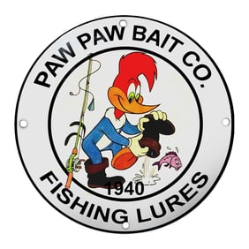 Paw Paw Bait Co. 1940 Fishing Lures Porcelain Sign with Cartoon Woodpecker Artwork