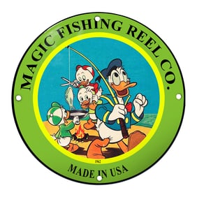 Charming Porcelain Sign: Magic Fishing Reel Co. Featuring Iconic Duck Characters