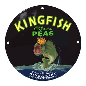 Vibrant Kingfish Peas Sign with Regal Fish Imagery and Bold Colors