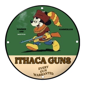 Vintage Ithaca Guns Porcelain Sign Featuring Hammer and Hammerless Mickey Mouse