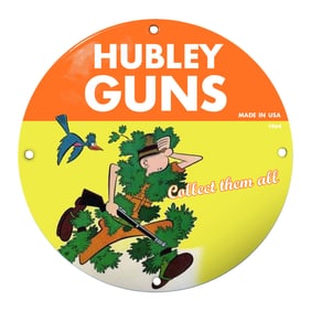 Vintage Hubley Guns Porcelain Sign Featuring Whimsical Hunter and Nature Theme