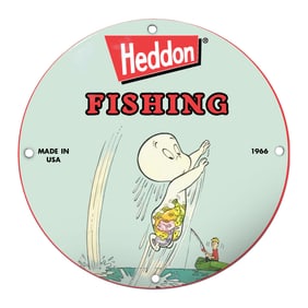 Captivating Heddon Fishing Porcelain Sign Featuring Whimsical Character from 1966
