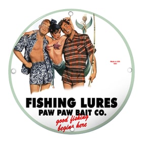 Vintage Paw Paw Bait Co. Fishing Lures Sign - Fun Artwork from 1951