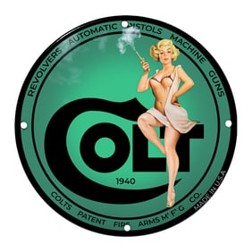 Vintage Colt Firearms Porcelain Sign with Pin-Up Girl and Green Background