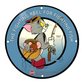 Whimsical Porcelain Sign Featuring Tom and Jerry Fishing - Perfect for Collectors!