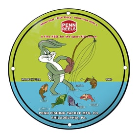 Vintage Penn Reels Fishing Sign Featuring Iconic Cartoon Character ? 1960 Design