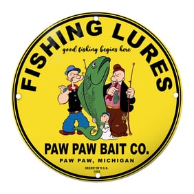 Brightly Colored 1955 Paw Paw Bait Co. Fishing Lures Sign with Iconic Characters