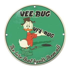 Charming VEE-BUG Porcelain Sign Featuring an Animated Duck in Fishing Gear
