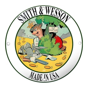 Smith & Wesson Porcelain Sign: Classic Animated Humor with Bugs Bunny and Daffy Duck