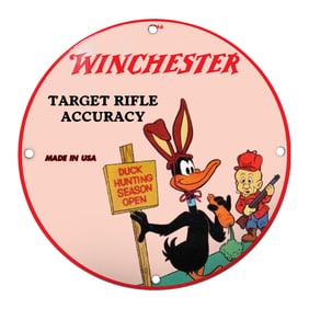 Winchester Target Rifle Accuracy Porcelain Sign Featuring Classic Cartoon Characters