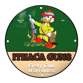 Charming Ithaca Guns Porcelain Sign Featuring Iconic Character from 1952