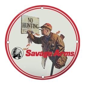 Vibrant Savage Arms Porcelain Sign with Iconic 'No Hunting' Imagery
