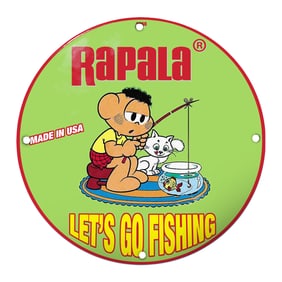Whimsical Rapala Fishing Sign Featuring Playful Cartoon Boy and Cat