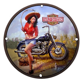 Harley-Davidson Porcelain Sign Featuring a Vintage Fisherwoman and Motorcycle
