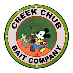 Charming Creek Chub Bait Company Porcelain Sign Featuring Mickey Mouse and Friends