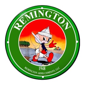 Charming Remington Porcelain Sign Featuring Cheerful Cartoon Character