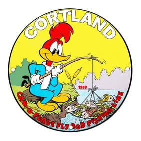 Whimsical Cortland Fishing Sign Featuring Woody Woodpecker | 1959 Design