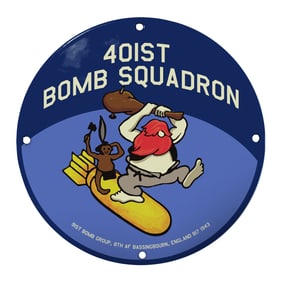 Unique Blue Porcelain Sign Featuring the 401st Bomb Squadron Artwork