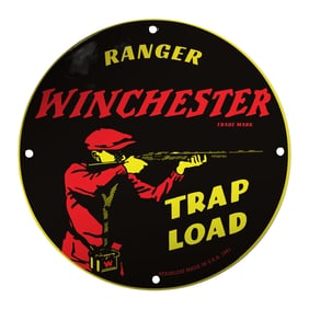 Captivating Winchester Trap Load Porcelain Sign with Bold Red and Yellow Design