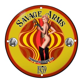 Savage Arms 1939 Porcelain Sign: Captivating Design with Striking Colors and Imagery