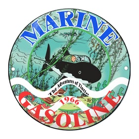Dive Into Adventure: 1966 Marine Gasoline Tin Sign Featuring Tintin