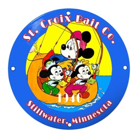 Playful Porcelain Sign Featuring Mickey and Friends Fishing - St. Croix Bait Co. 1940