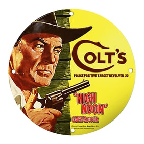 Colt's 'High Noon' Porcelain Sign Featuring Gary Cooper in Classic Western Style