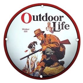 Vibrant Porcelain Sign: Outdoor Life - October 1931 - Hunter and Dog Scene