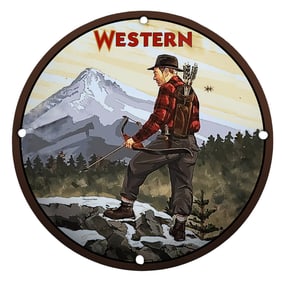 Western Adventure Sign: Epic Mountain Scene with Hunter and Bow