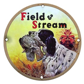 Vibrant Porcelain Sign: Field & Stream Hunting Dog and Game Scene