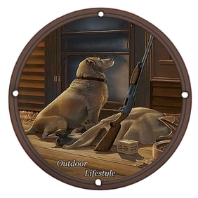 Charming Porcelain Sign Depicting Outdoor Lifestyle with Dogs and Hunting Gear