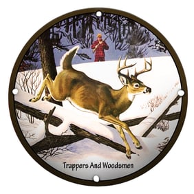 Dynamic Porcelain Sign: Trappers and Woodsmen Featuring a Leaping Deer