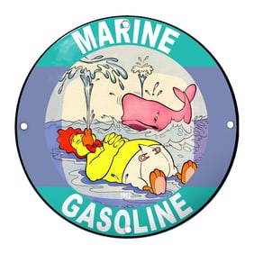 Vivid Porcelain Sign Featuring Playful Marine Gasoline Theme with Colorful Characters