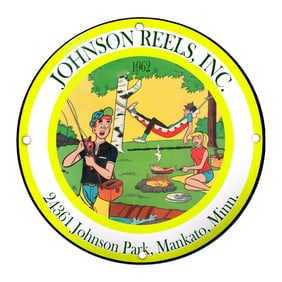 Vintage Johnson Reels, Inc. Outdoor Adventure Porcelain Sign with Vibrant Art