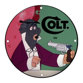 Captivating 1952 Colt Porcelain Sign Featuring Iconic Cartoon Character