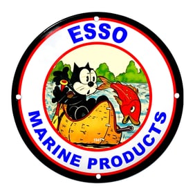 Charming Porcelain Sign Featuring Whimsical Cat on a Canoe: Esso Marine Products