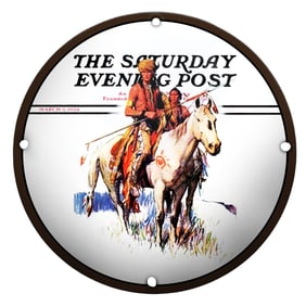 Vintage Saturday Evening Post Porcelain Sign Featuring Equestrian Native American Scene